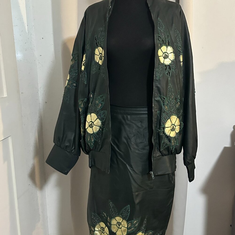 Vintage Floral Appliqué Forest Green Leather Jacket & Skirt Set
